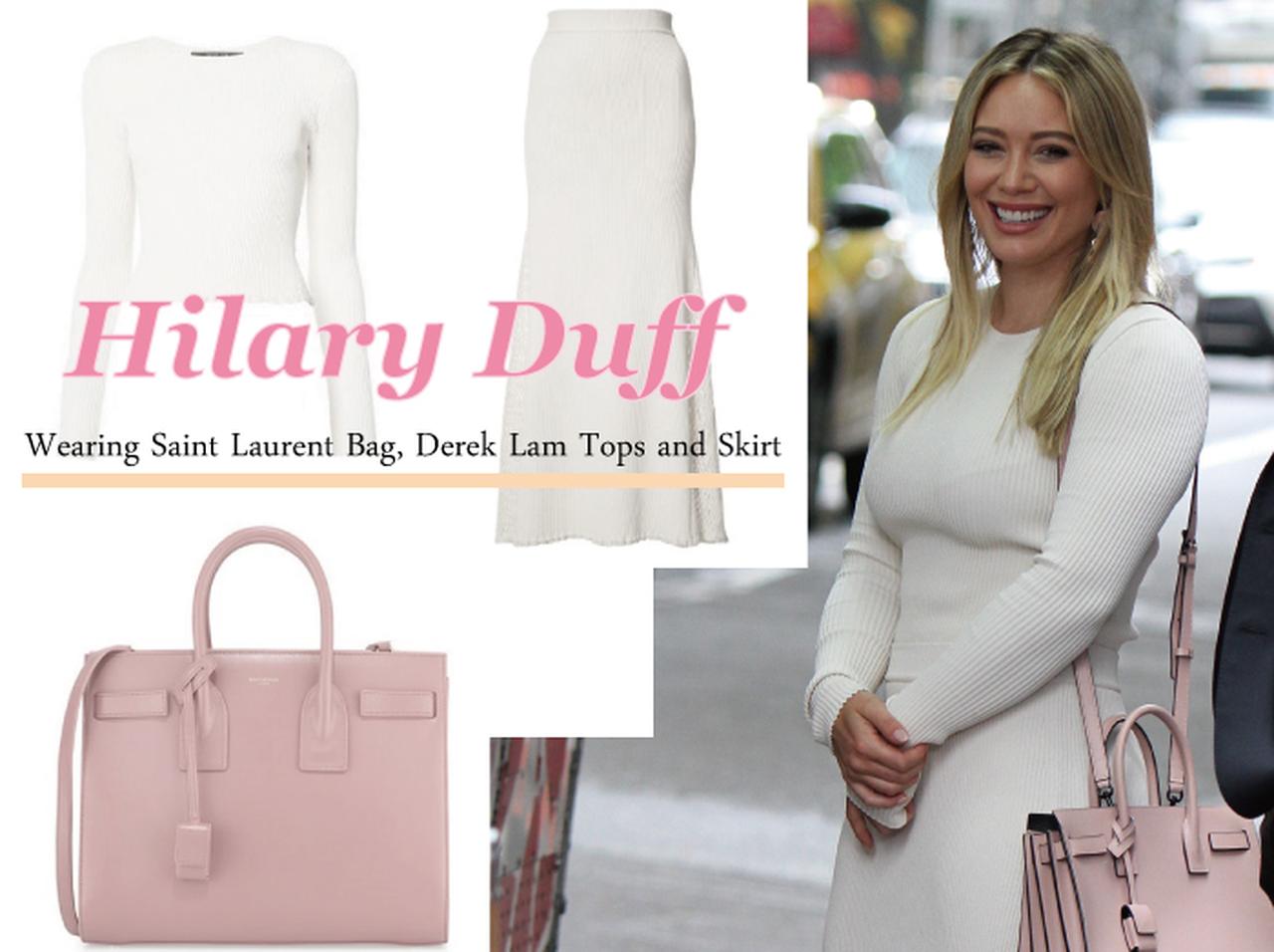 人気ドラマの撮影現場でヒラリー・ダフを発見!ベイビーピンク・バッグのフェミニンコーデ