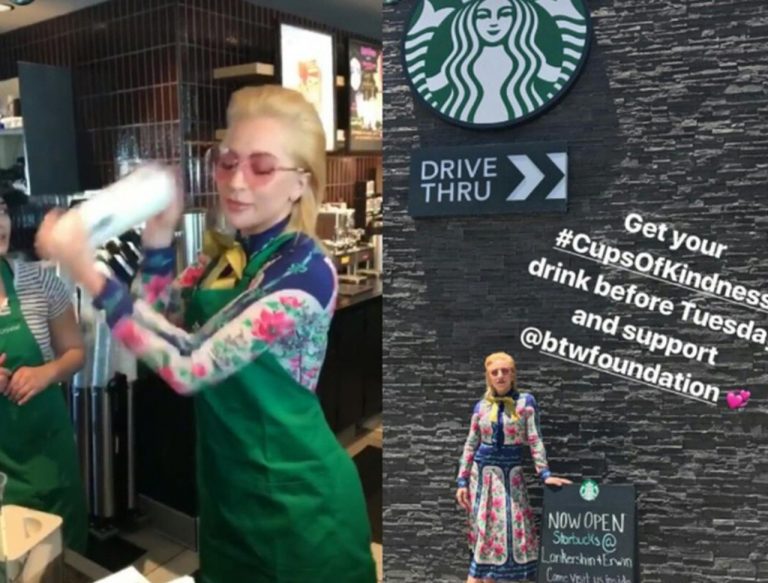 結構似合ってる！レディー・ガガがスタバの1日店員に