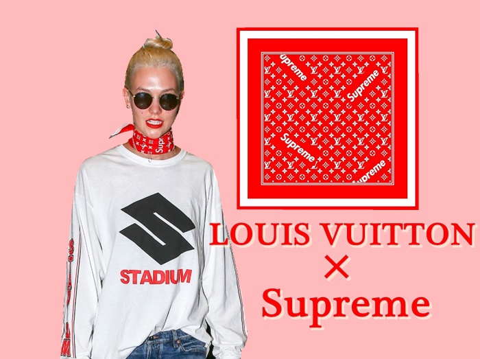 人気モデル、ルイ・ヴィトン×シュプリームのコラボアイテムを着用