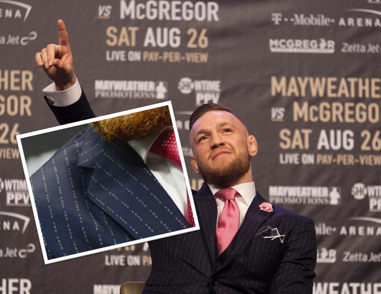 メイウェザーと会見で乱闘寸前のマクレガーの「ファック」スーツにセレブも反応