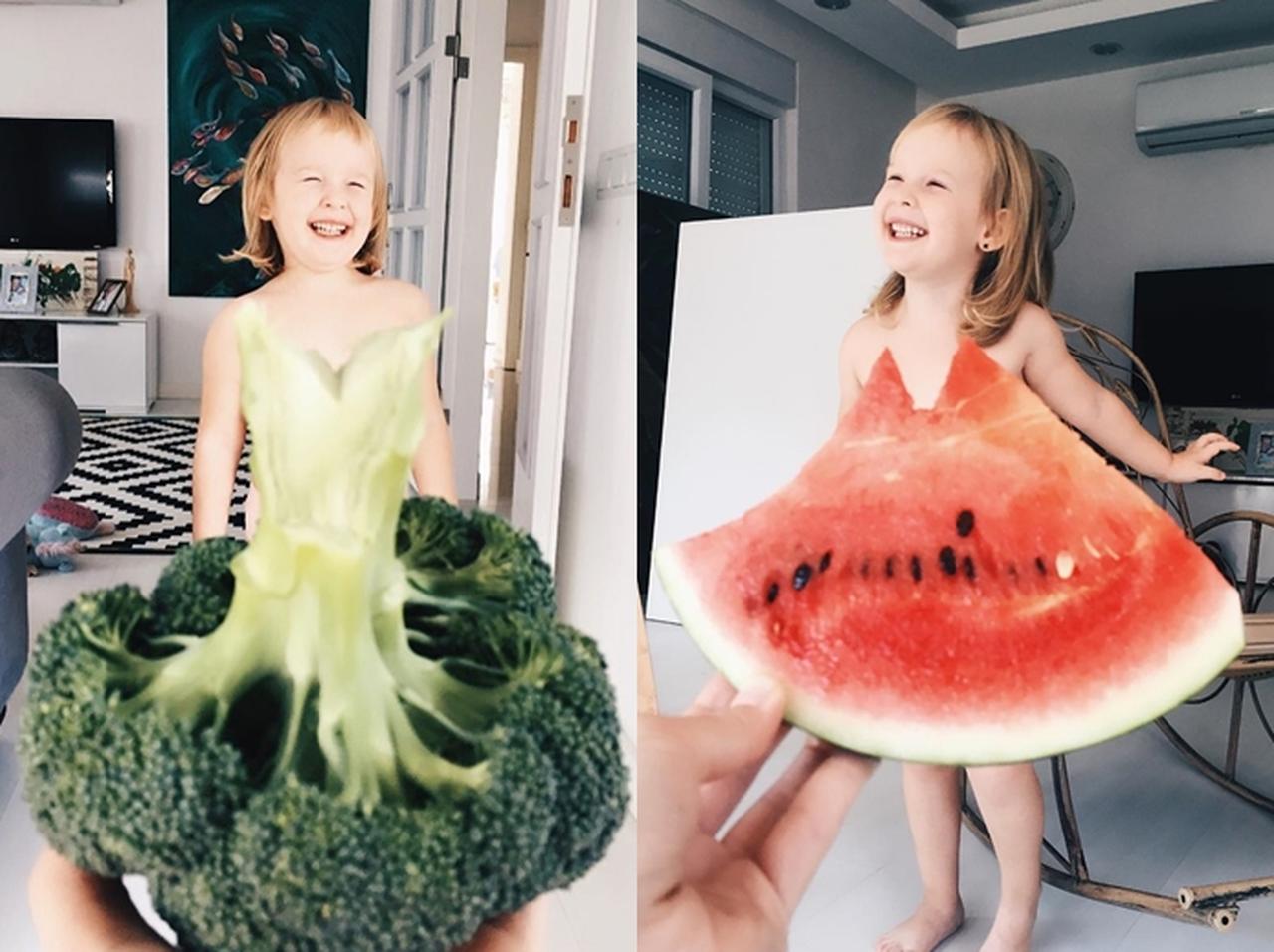 「スイカワンピース」を着こなす少女は野菜、フルーツ、花をもドレスに変身させる
