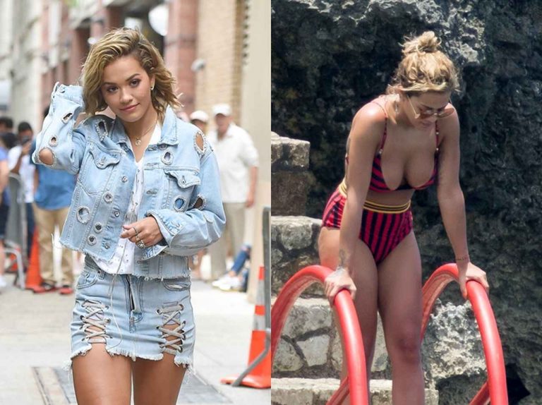 リタ・オラ、胸がこぼれ落ちそうな水着で海へダイブ