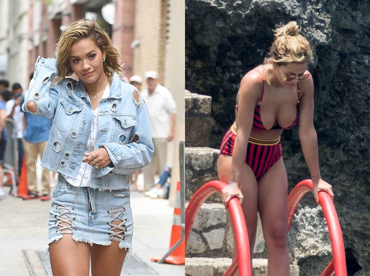 リタ・オラ、胸がこぼれ落ちそうな水着で海へダイブ