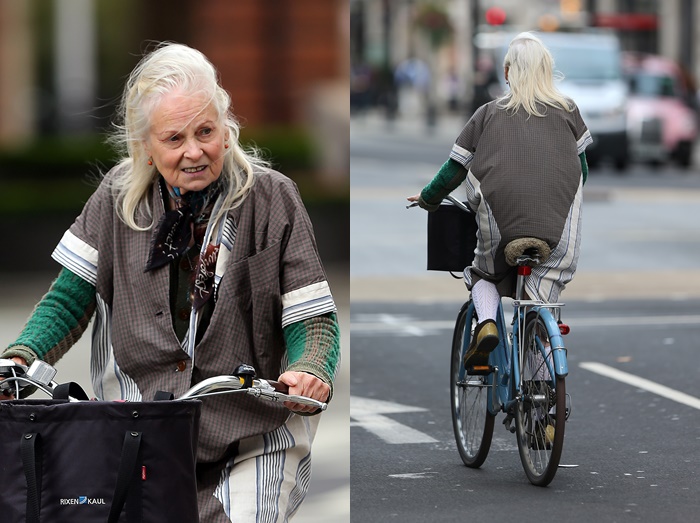 自転車をこぐヴィヴィアン・ウエストウッドの後ろ姿が76歳じゃない
