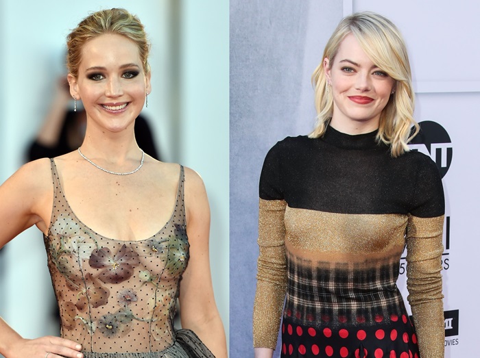 ジェニファー・ローレンスとエマ・ストーンの気まずいハグに注目