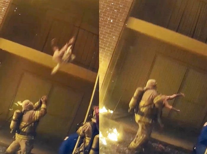 燃える建物の3階から落とされる子供をキャッチした消防士に拍手