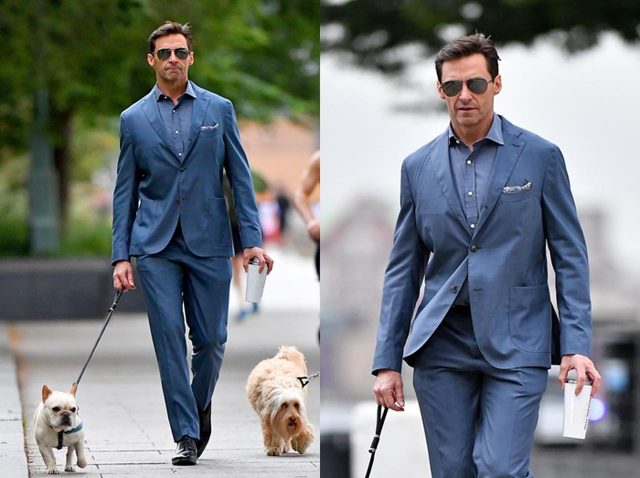 ヒュー・ジャックマン、スーツ姿で愛犬散歩する様子が絵になりすぎる