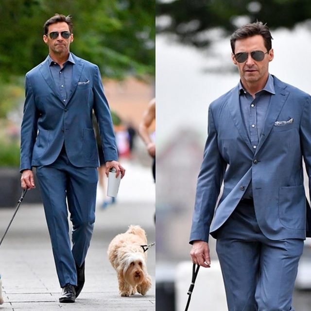 ヒュー・ジャックマン、スーツ姿で愛犬散歩する様子が絵になりすぎる
