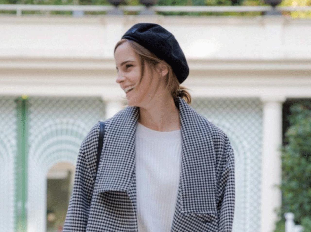 エマ・ワトソン、ルーズシルエットコートのおしゃれスタイリング