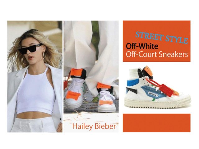 オフホワイトのスニーカーをヘイリー・ビーバーがスタイリッシュに愛用