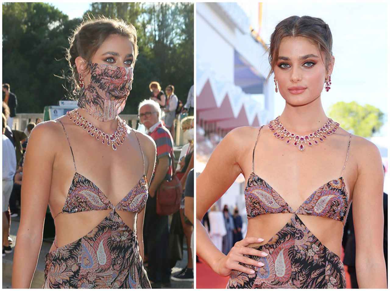テイラー・ヒル、ベネチア国際映画祭でドレスとマスクをマッチさせて魅せる