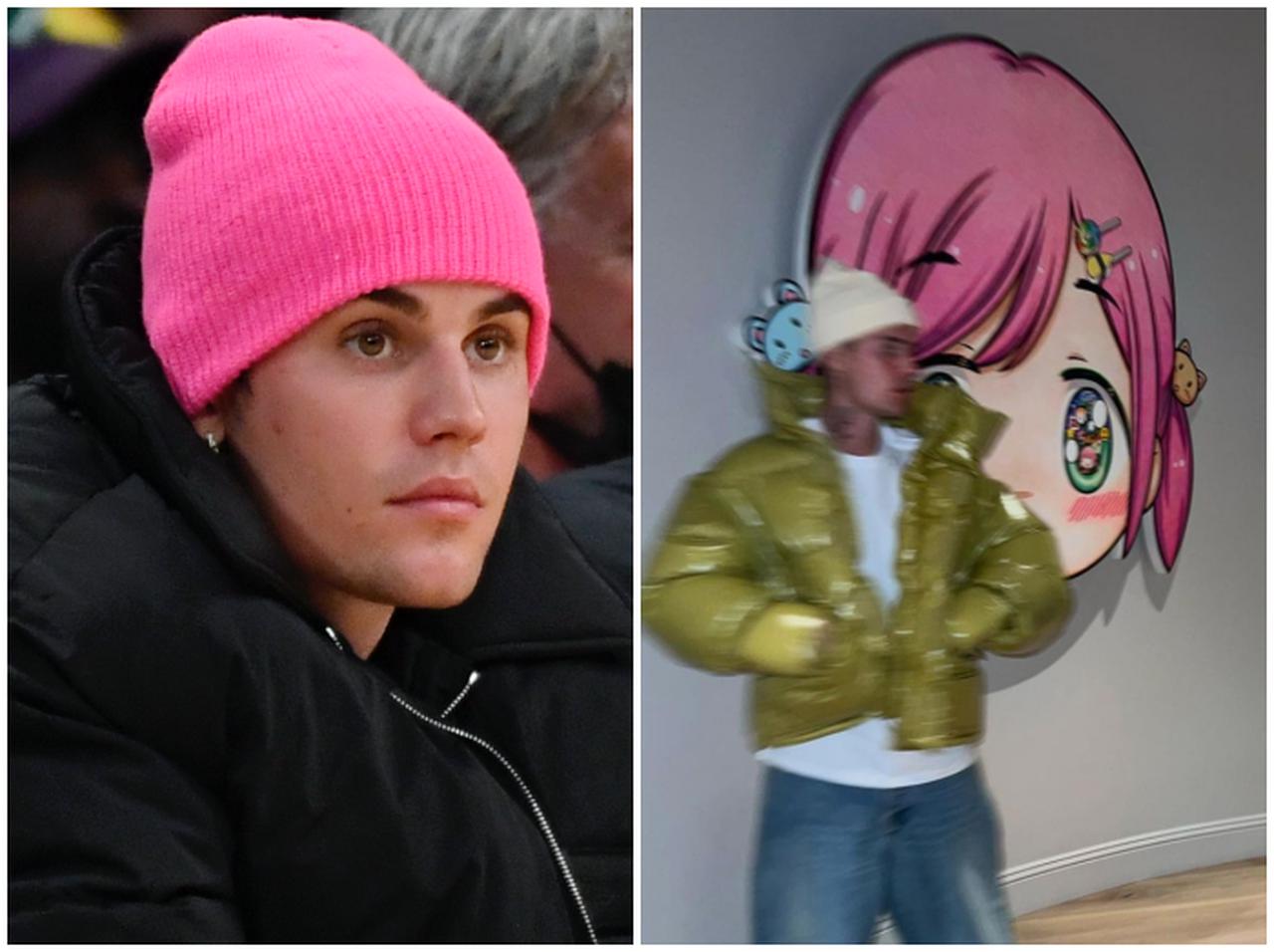 ジャスティン・ビーバー、日本の現代美術作家ミスターの作品の前でポーズを決める