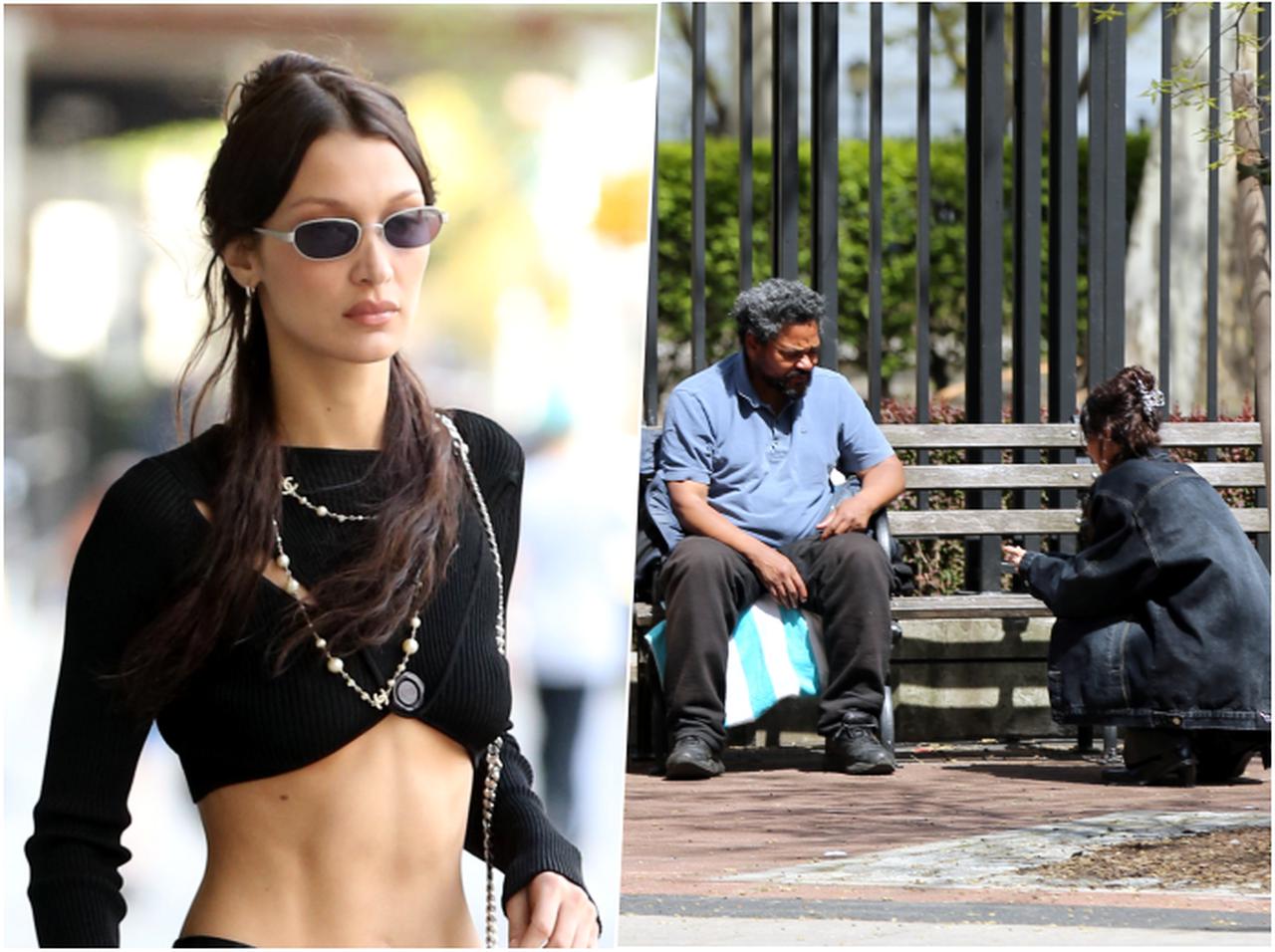 ベラ・ハディッド、路上生活者の男性と座っておしゃべり