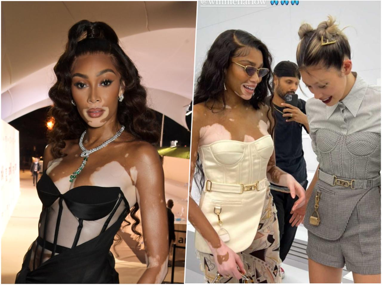 森星とウィニー・ハーロウが手を繋いでフェンディのショーを楽しむ