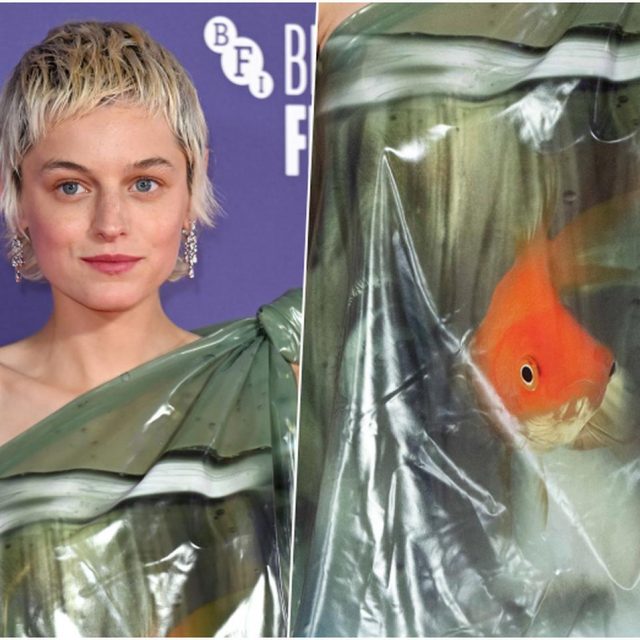 150円で買えるデザインを起用した“金魚ドレス”を着用したエマ・コリン