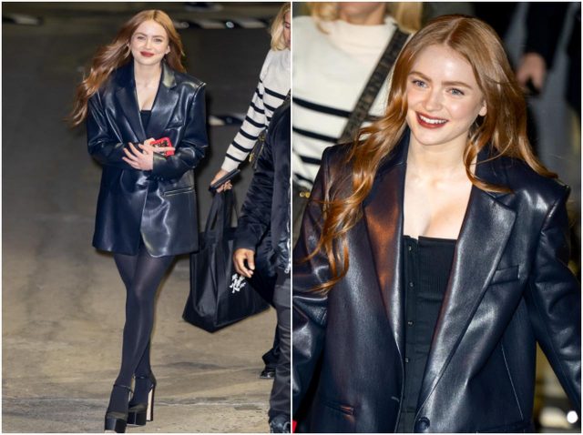 セイディー・シンク、オーバーサイズのレザージャケットが主役のブラックコーデ【セレブの最新スタイル】