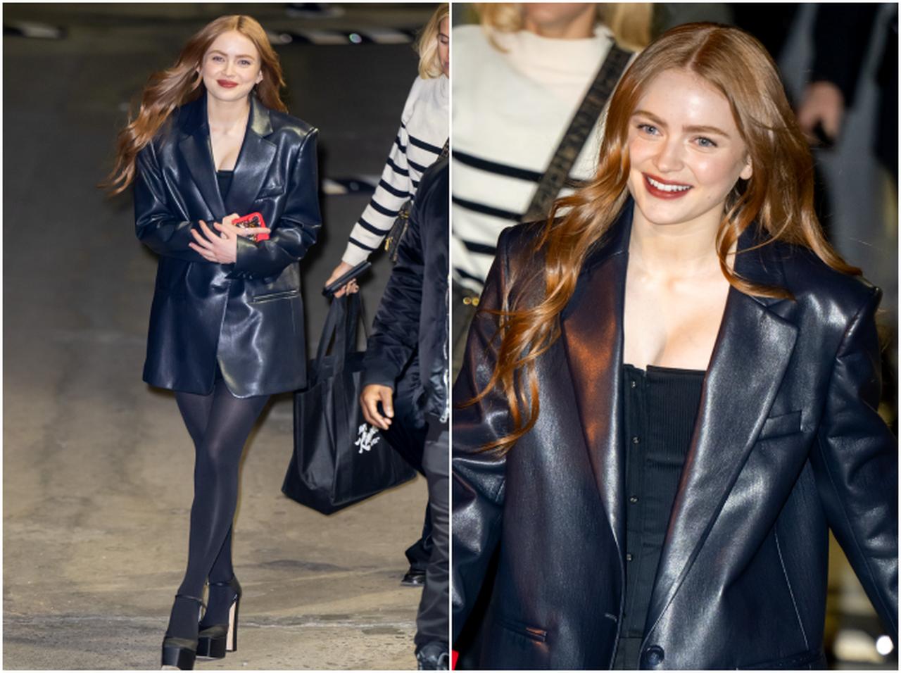 セイディー・シンク、オーバーサイズのレザージャケットが主役のブラックコーデ【セレブの最新スタイル】