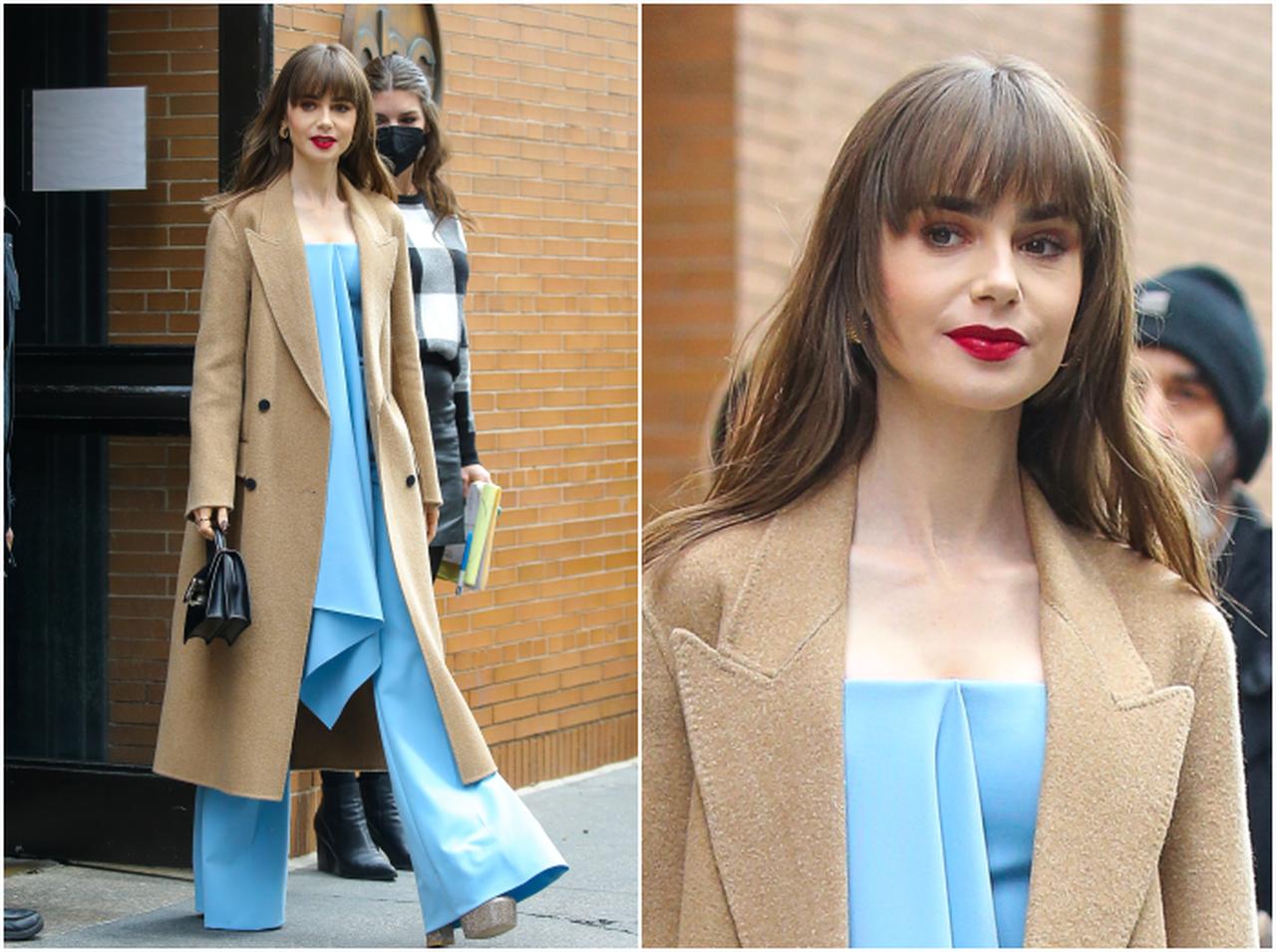 リリー・コリンズ、Iラインを意識したロングコートコーデ【セレブの最新スタイル】