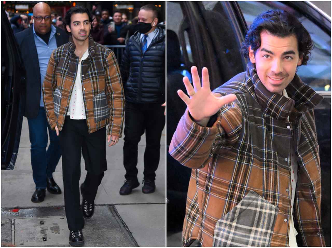 ジョー・ジョナス、ブラウンのチェック柄ダウンで遊んだ冬スタイル【セレブの最新スタイル】