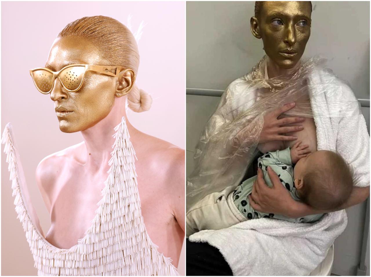 金色に塗った顔のまま授乳、スキャパレリのショーに参加したモデル