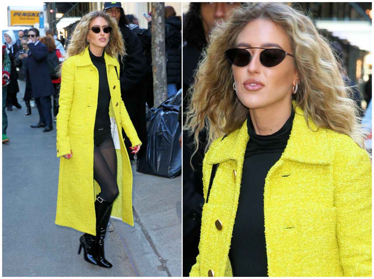 エミリー・シンドレフ、イエローコートで包んだエッジーなブラックコーデ【セレブの最新スタイル】