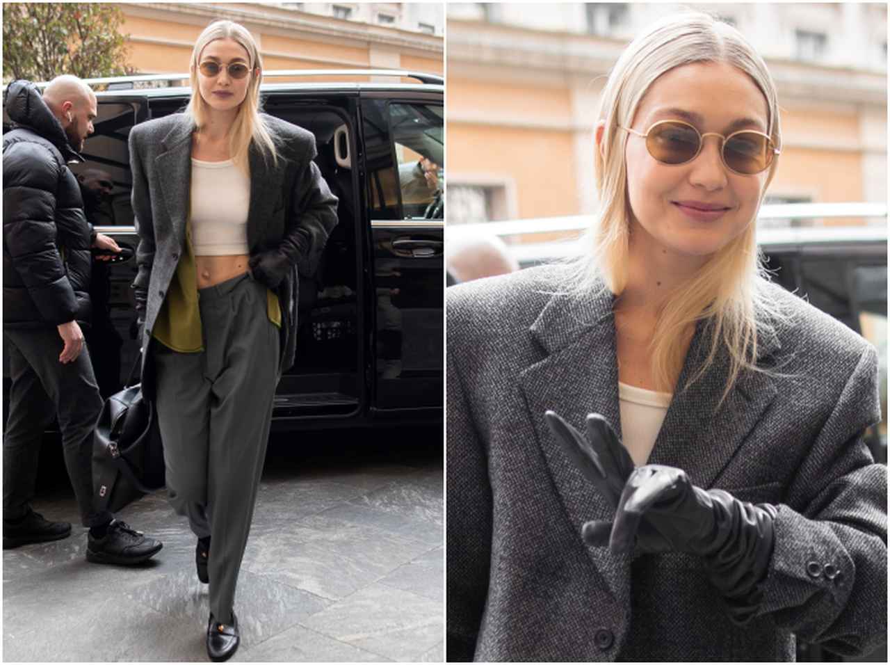 ジジ・ハディッド、ダッドジャケットを取り入れたスーツスタイル【セレブの最新スタイル】