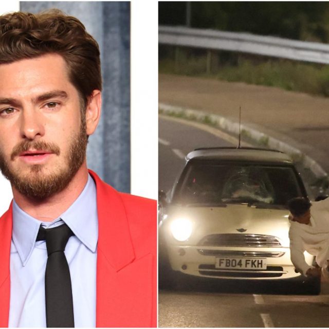 バスローブ姿で高速道路をうろつくアンドリュー・ガーフィールドを激写