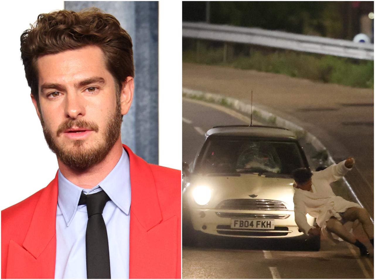 バスローブ姿で高速道路をうろつくアンドリュー・ガーフィールドを激写