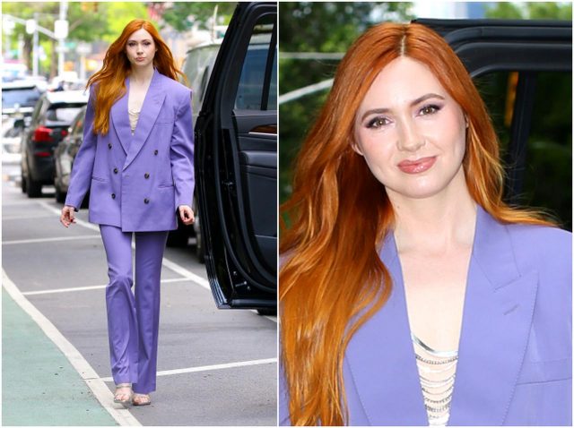 カレン・ギラン、ビッグショルダーの80年代風カラースーツスタイル【セレブの最新スタイル】