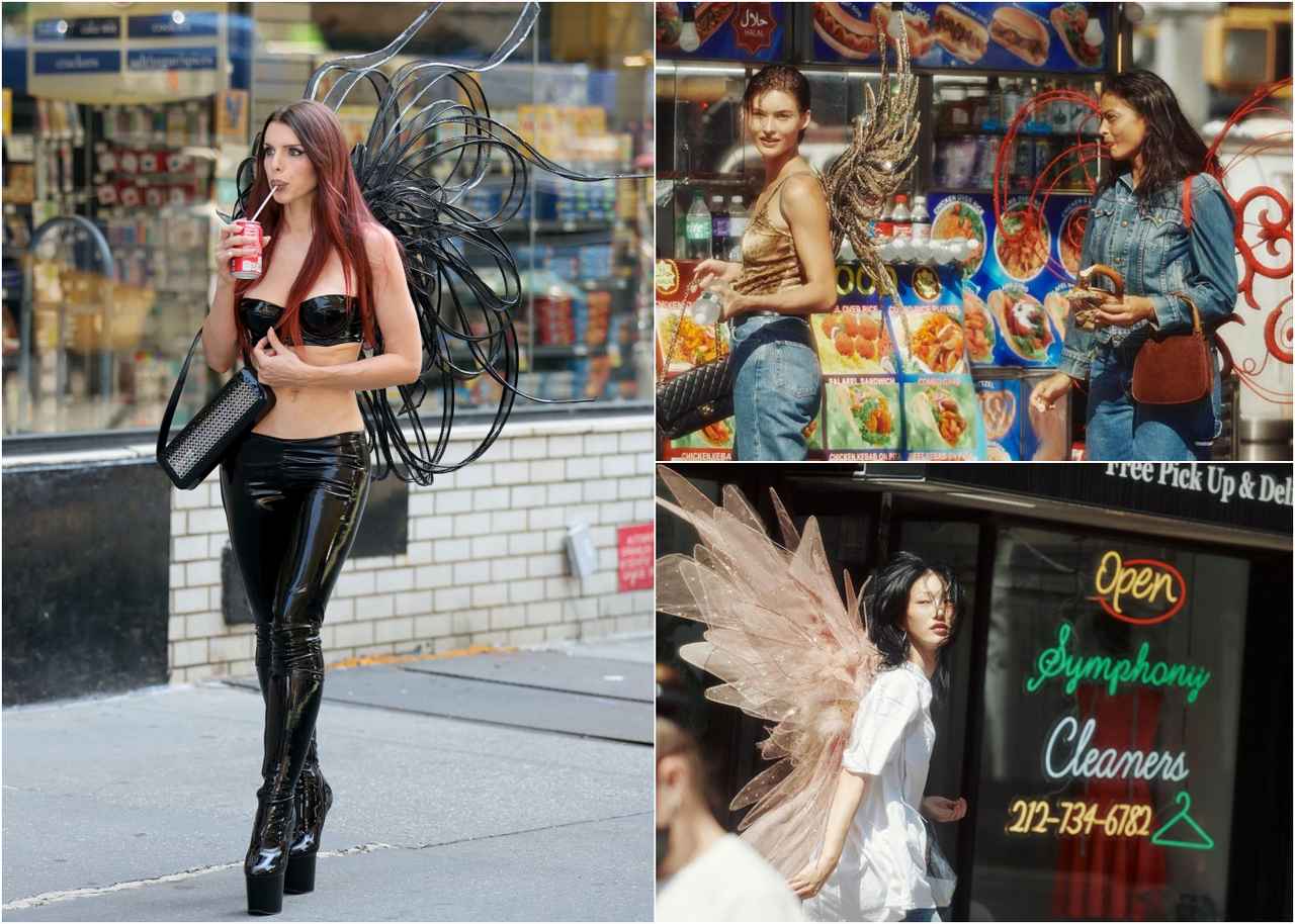 ランジェリー姿でヴィクシー・ウィングを着けたモデルたちがNYの街に出現