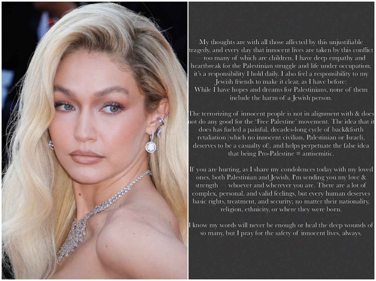 パレスチナ出身の父を持つジジ・ハディッド、イスラエル・パレスチナ問題に長文の声明【全訳】