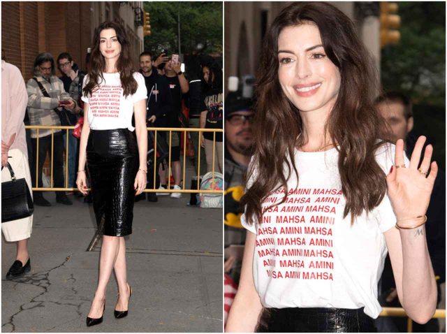 アン・ハサウェイ、ステイトメントTシャツを主役しにしたコーデ【セレブの最新スタイル】