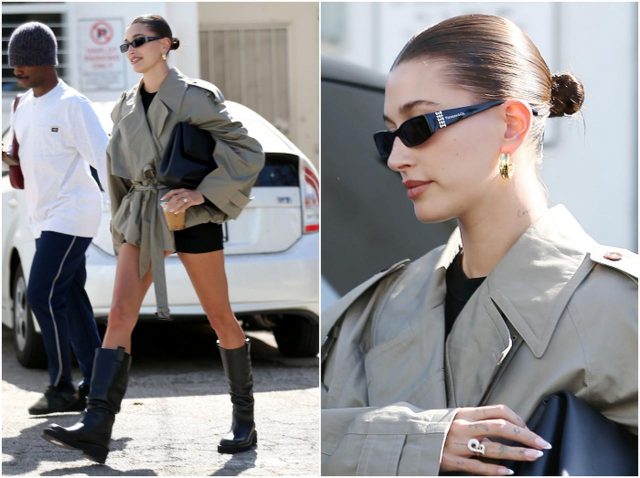 ヘイリー・ビーバー、ミニトレンチを主役につくる絶妙バランスコーデ【セレブの最新スタイル】