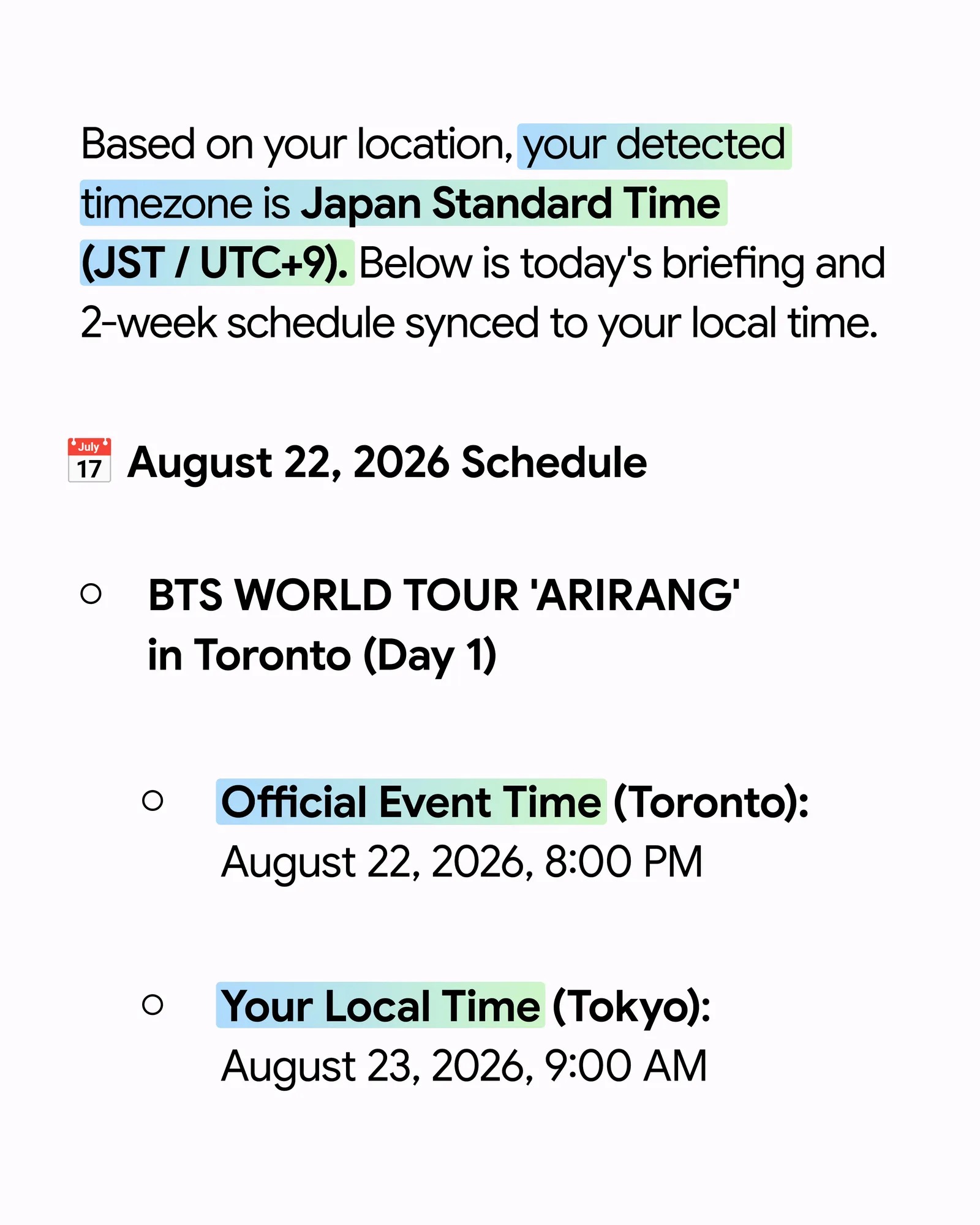 日本時間に自動変換されたBTSのツアー日程の表示例