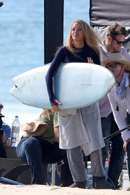 Blake Lively films scenes for 'The Shallows' on the beach in Malibu, CA.