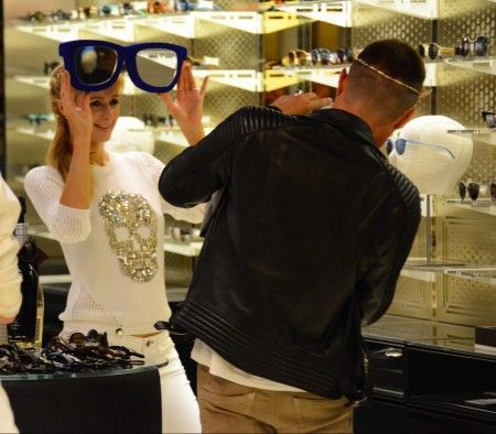 Paris Hilton and male companion Italian Pietro Tavallini, lunch at The Salumaio, after shopping for sunglasses at Italian Independent in Milan