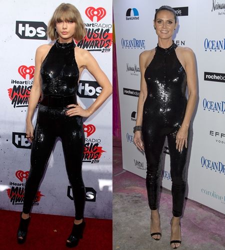 テイラー・スウィフト　Taylor Swift 　ハイディ・クルム　Heidi Klum　Saint Laurent　サンローラン　ファッション　被ったドレス　ドレス　被り　同じ　ジャンプスーツ