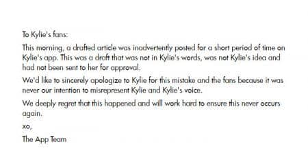 カイリー・ジェナー　Kylie Jenner 公式アプリ　運営チーム　謝罪文