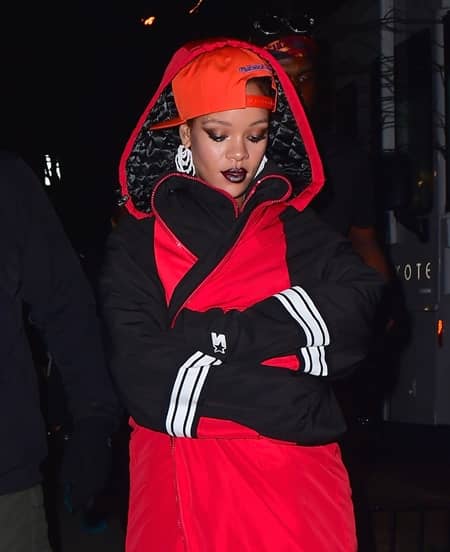 リアーナ　Rihanna 　髪の毛隠す　頭巾　ヘアスタイル　ヘアカラー　パープル　グリーン　オレンジ　NY　夜中　撮影　雑誌　長丁場　プロ