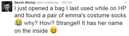 デヴォン・マーレイ　ツイート　エマ・ワトソン　靴下　発見　ハリーポッター　Devon Murray Found Emma Watson's Socks in his Bag